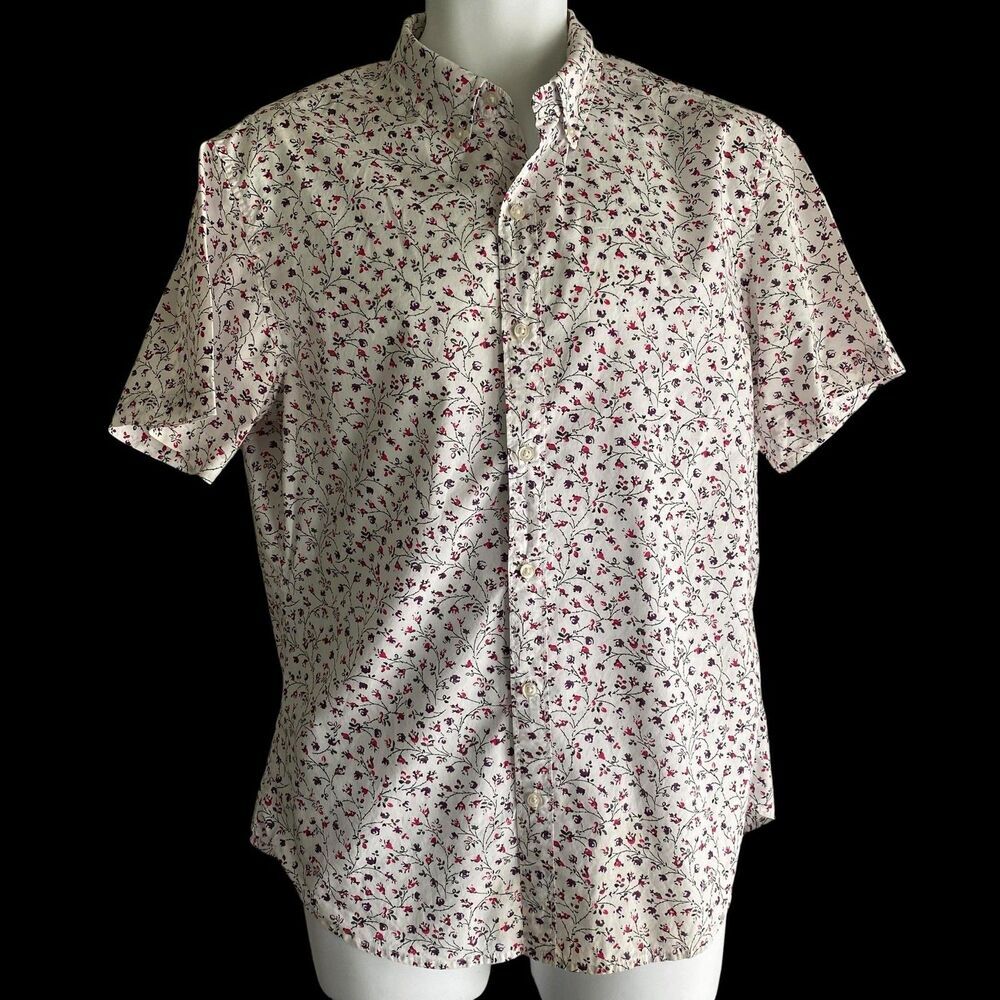 Bonobos Shirt Mens Large White Floral Slim Fit Short Sleeve Button Down Cotton